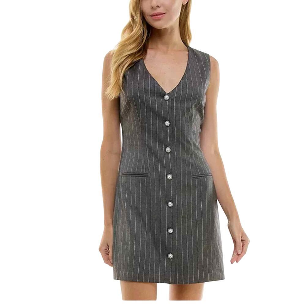 City Studios Juniors' Metallic-Striped Faux-Pearl-Button V-Neck Jacket Dress